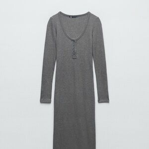 Zara Gray Buttoned Knit Dress Long Sleeve